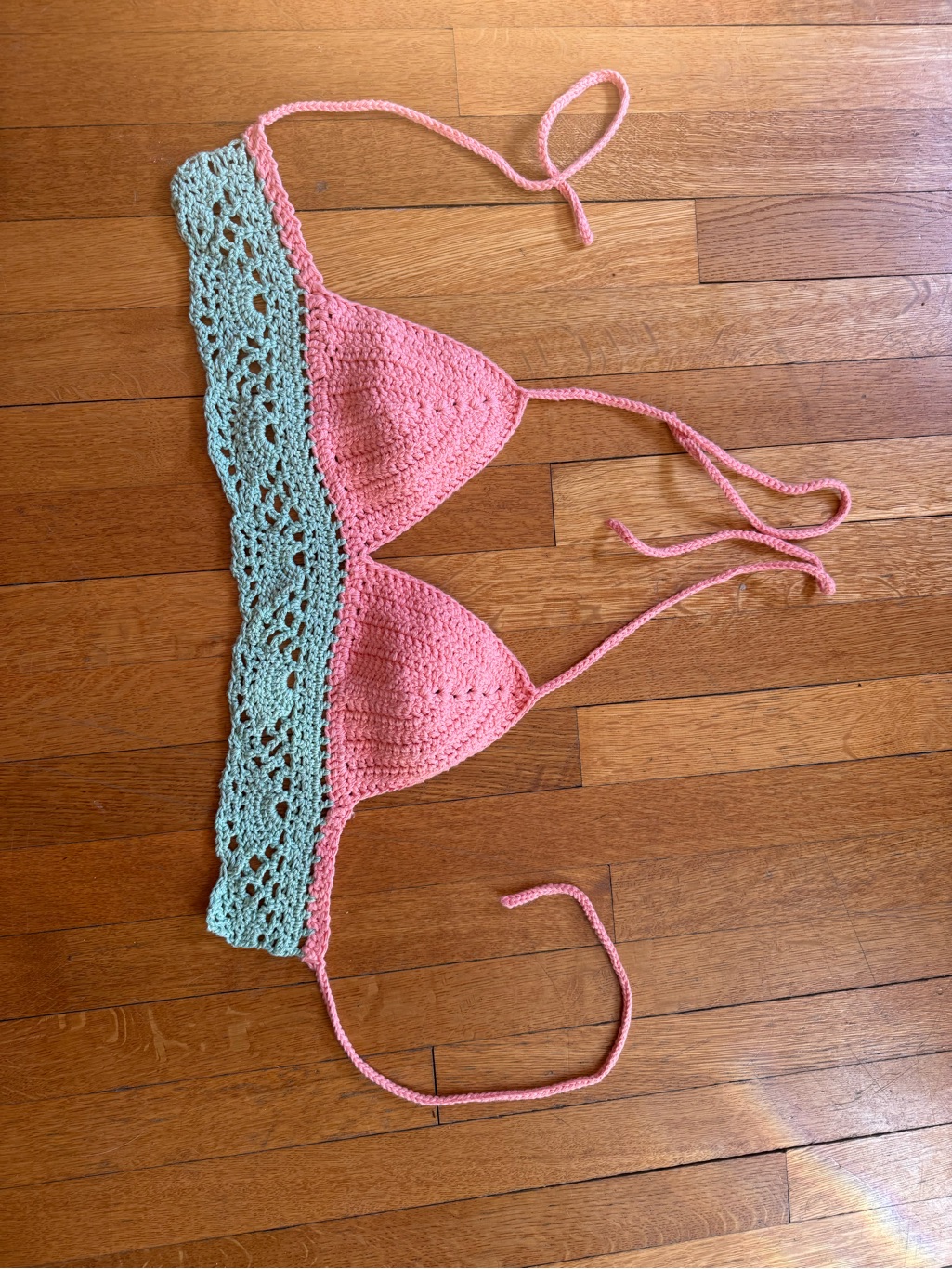 Handmade Crochet Bralette - Pink With Mint Trim